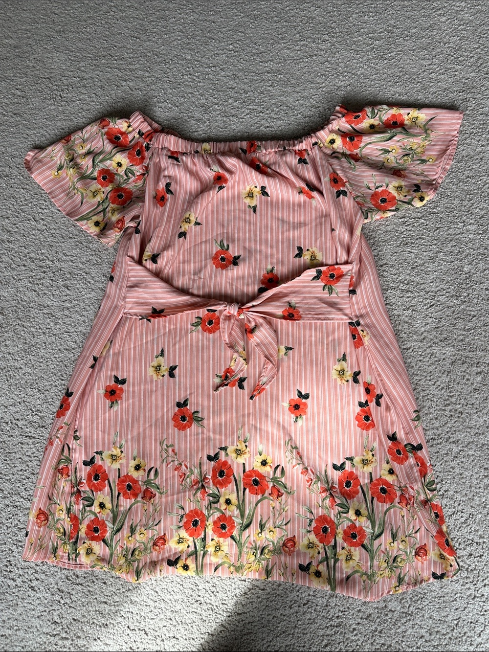Peppermint Pink Floral Stripe Off-Shoulder Dress with Waist Tie